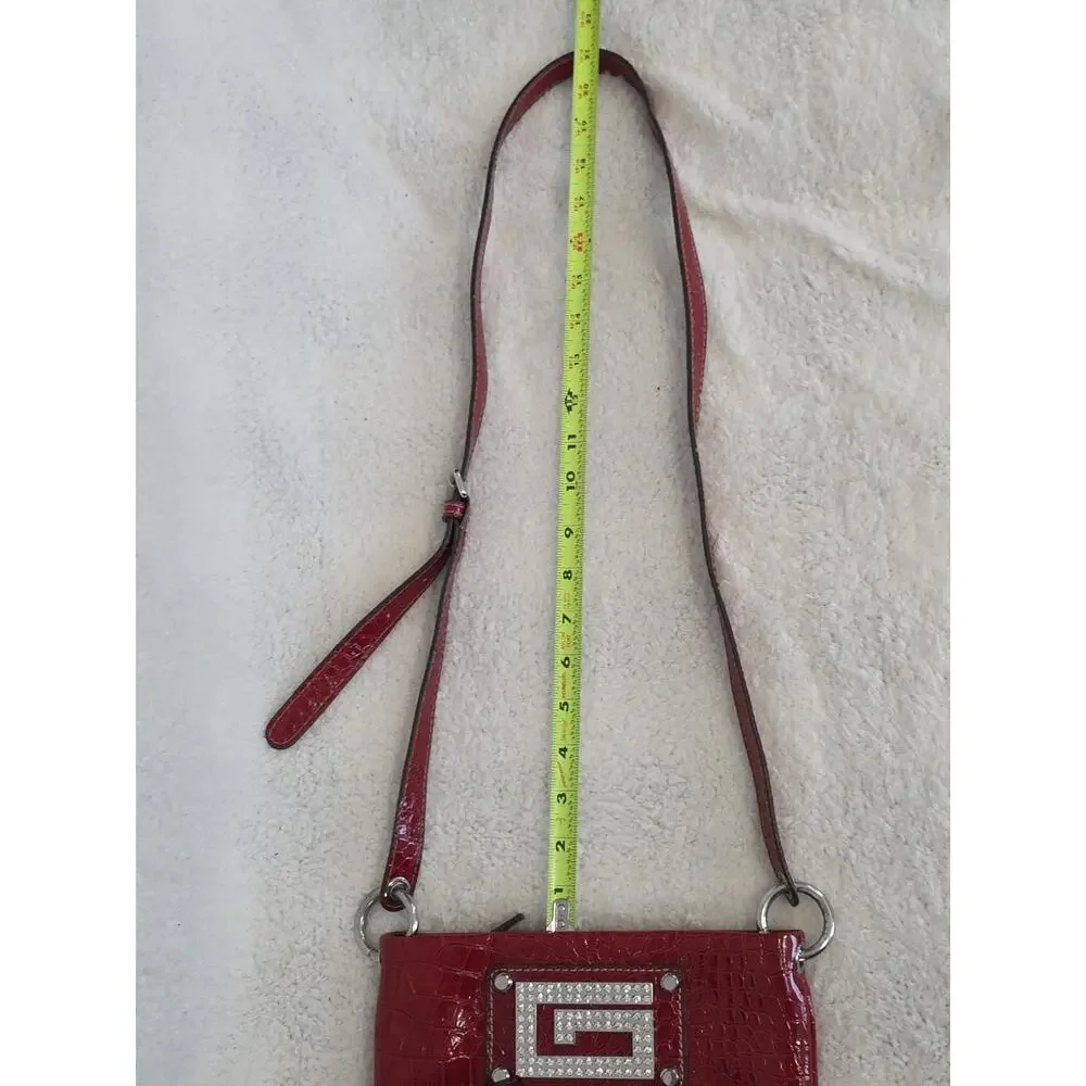 GUESS Chastity Croc Embossed Rhinestone Logo Crossbody Messenger Bag Purse Red